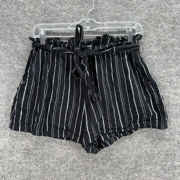 Hollister Shorts Women M Medium Black Striped High Rise Hot Pants Belted Pull On